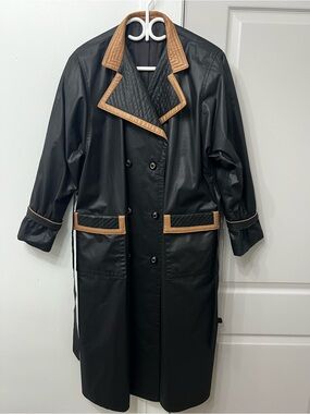 Black Belted Trench Coat with Tan Trim - Classic Double-Breasted Trench